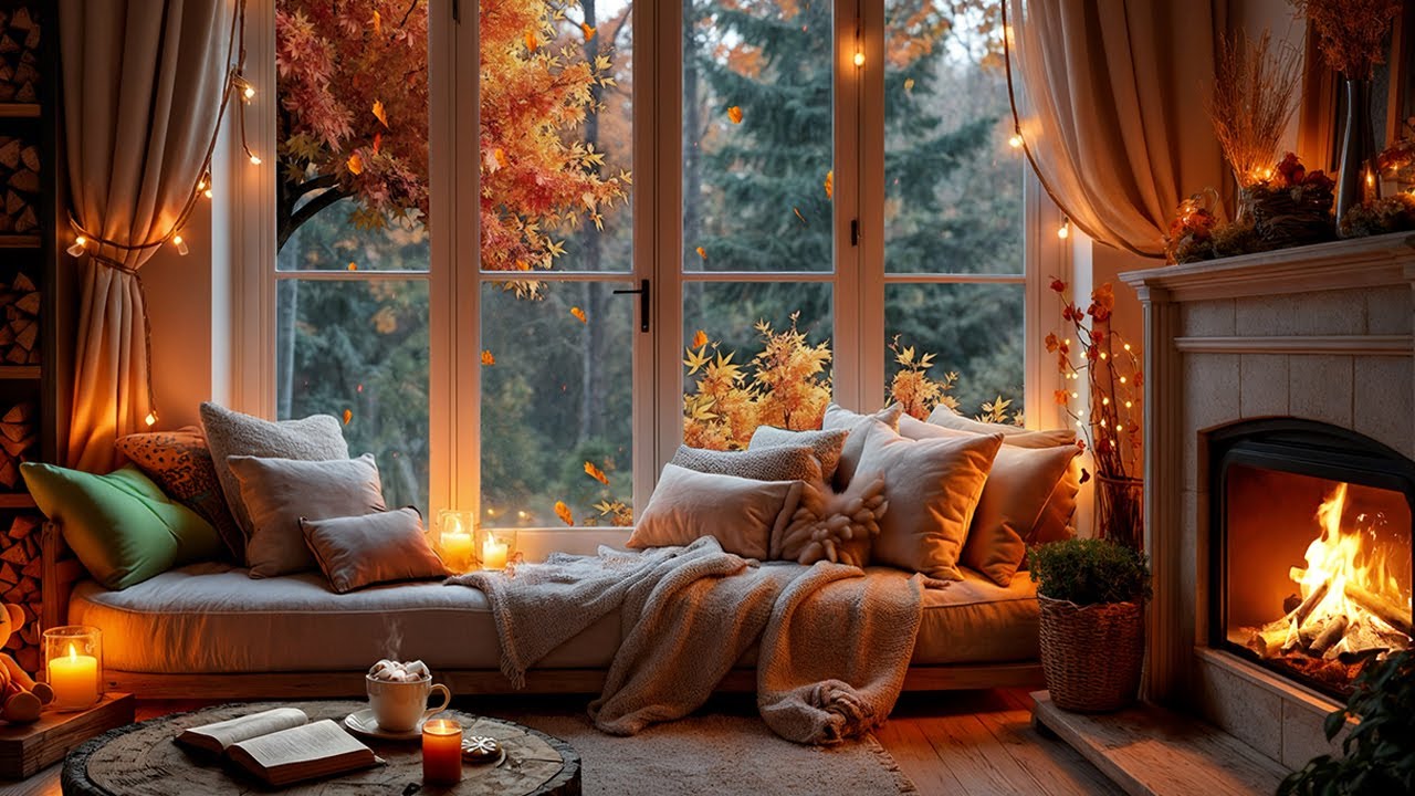 🍁 Autumn Forest Sanctuary | Cozy Cabin, Fire Crackle & Soft Falling Leaves Ambience 🌿🍂