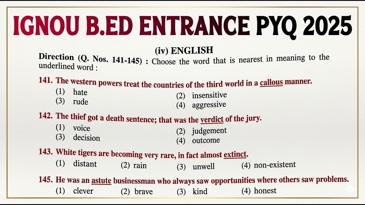 IGNOU B.Ed Entrance Previous Year Question Paper 2025 | English PYQs Solved