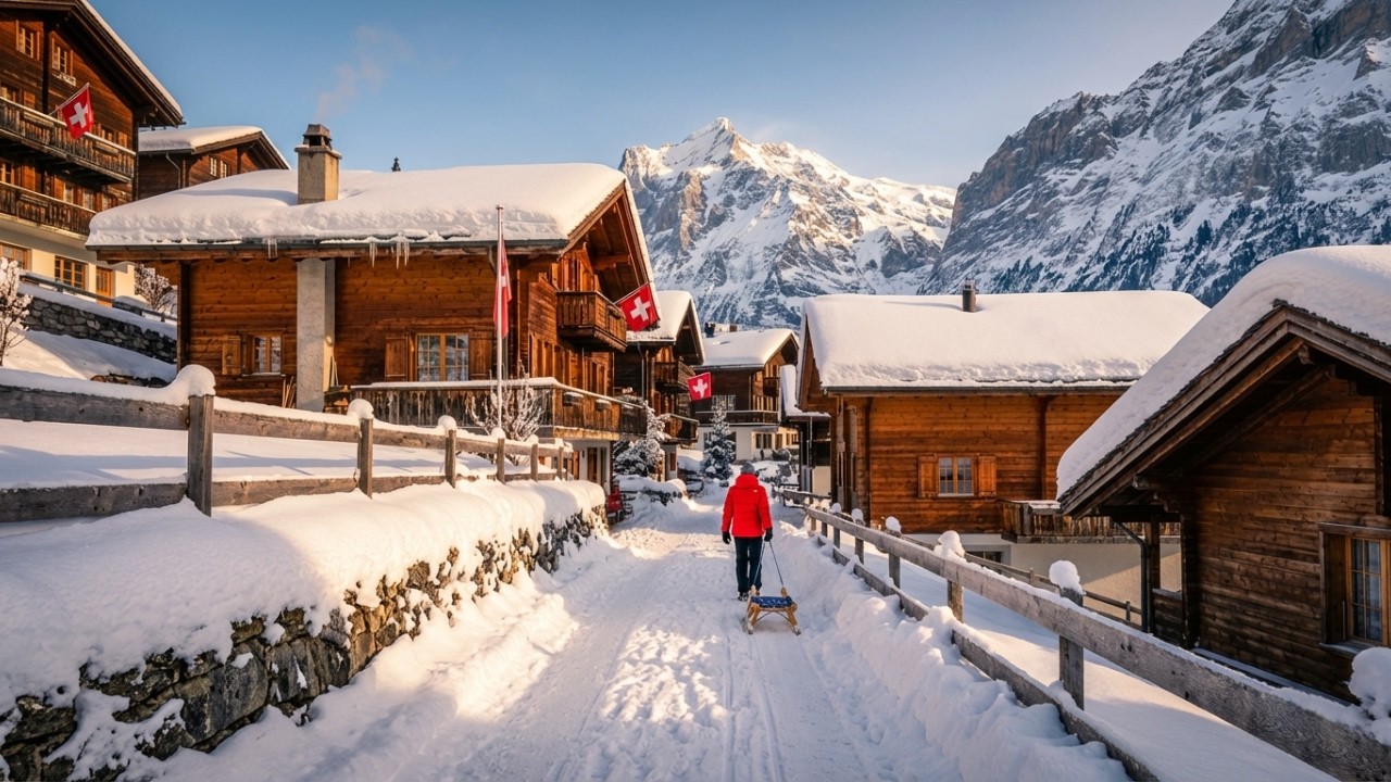 Снежная прогулка в скрытой швейцарской горной деревне 🇨🇭❄️ | Спокойное зимнее путешествие 4K.