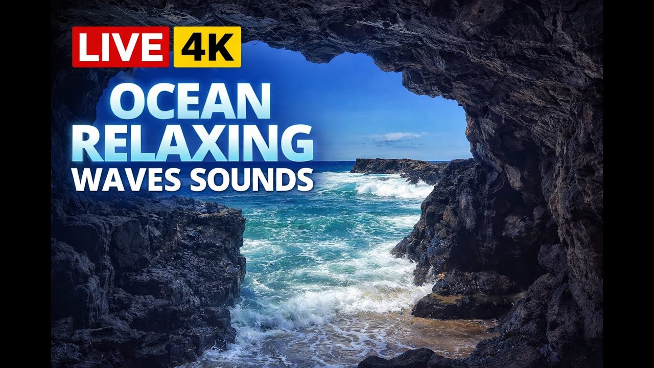 🔴 LIVE 4K Ocean Waves Crashing on Rocks & Cave | Relaxing Sea Sounds for Sleep & Stress Relief