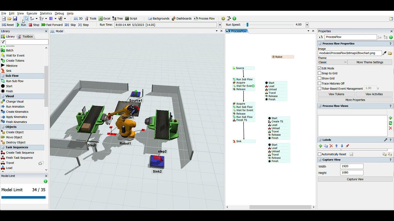 FlexSim Simulation of a Centered Robot Work Cell
