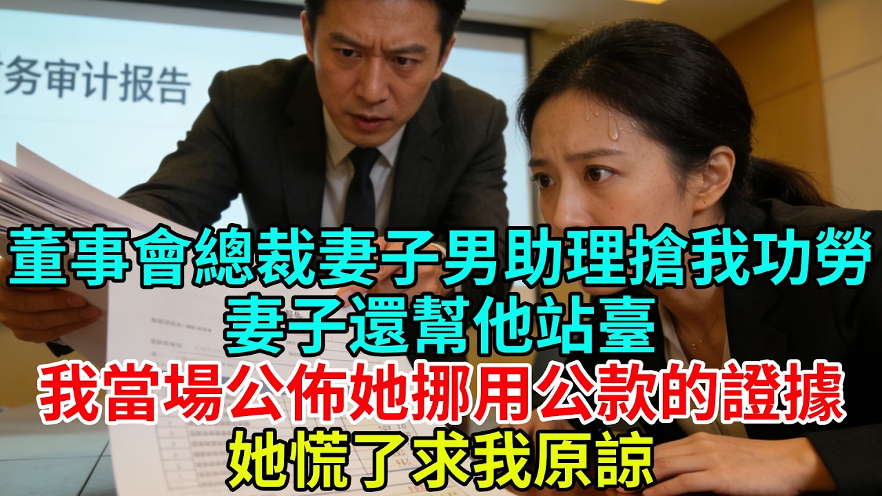 董事會上總裁妻子男助理搶我功勞，妻子還幫他站台，我當場公佈她挪用公款的證據，她倆慌了求我原諒#故事頻道#故事#情感故事