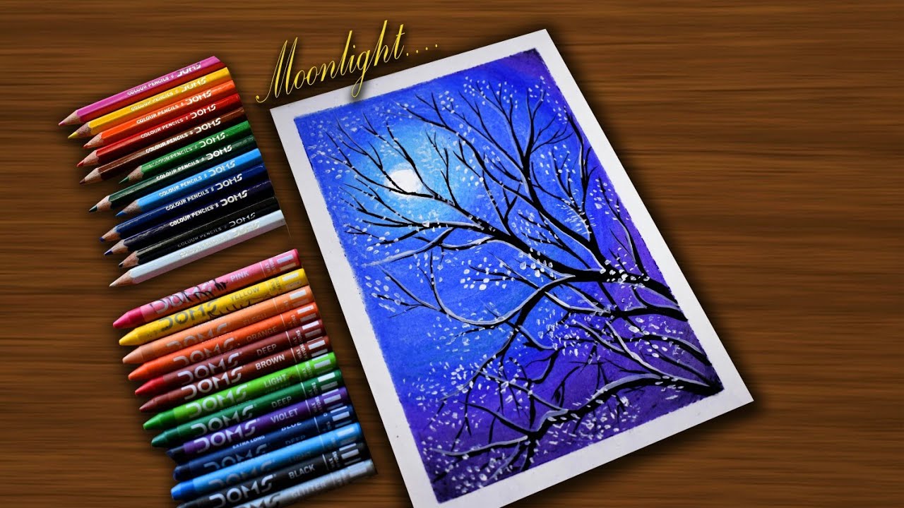 Moonlight Night | Painting Ideas For Beginners | Easy With Wax Crayons | Satisfying #71