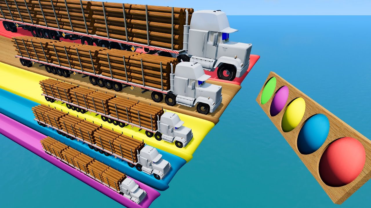 Smallest to Biggest Truck vs Slide Colors with Portal Trap - Trucks vs Rails and Train - BeamNG #54