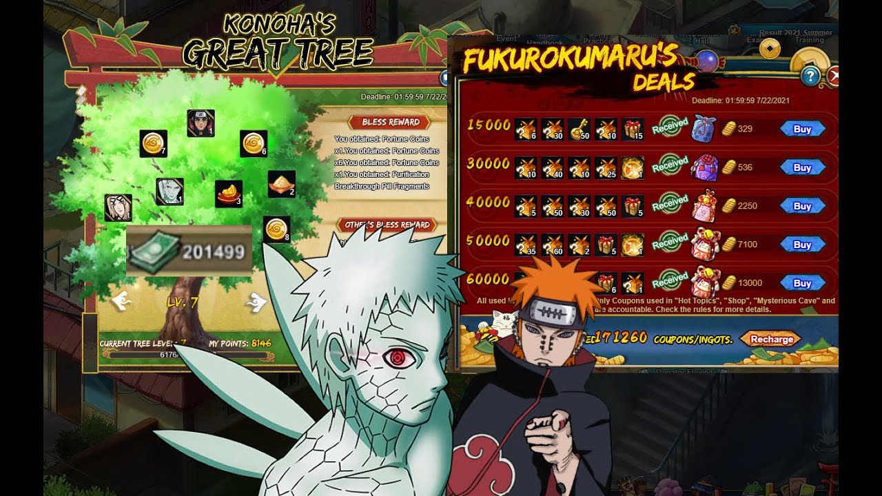 170k Fukurokumaru Deals Spending in Konoha Great Tree & Pain Tendo [Six Paths]. [Naruto Online]