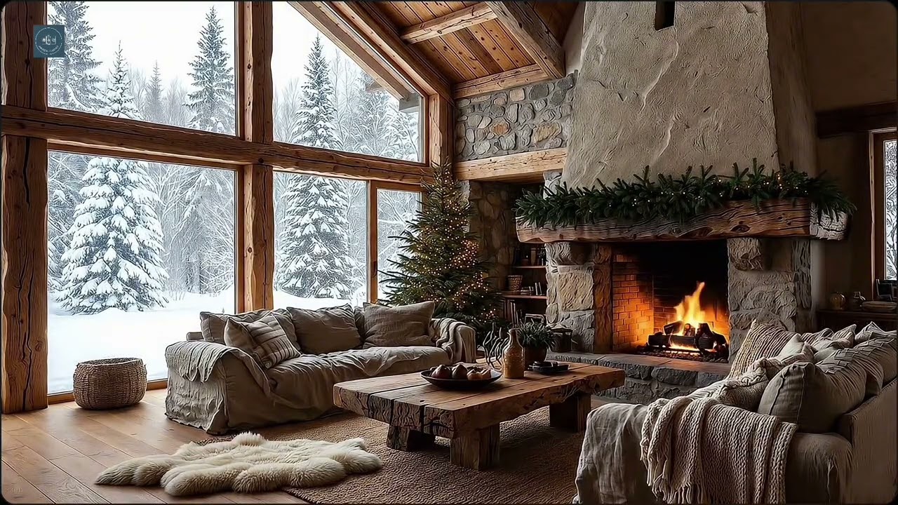 ULTRA COZY Scandinavian Cabin Ambience 4K | 4 HOUR Snowy Christmas Screensaver & Holiday Music ❄️
