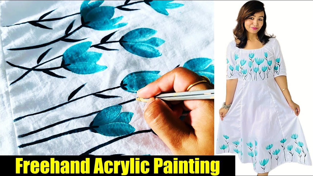Long Gown Dress Design/ Freehand Fabric Painting on Dress/custom made Designer Dress//Acrylic Paint