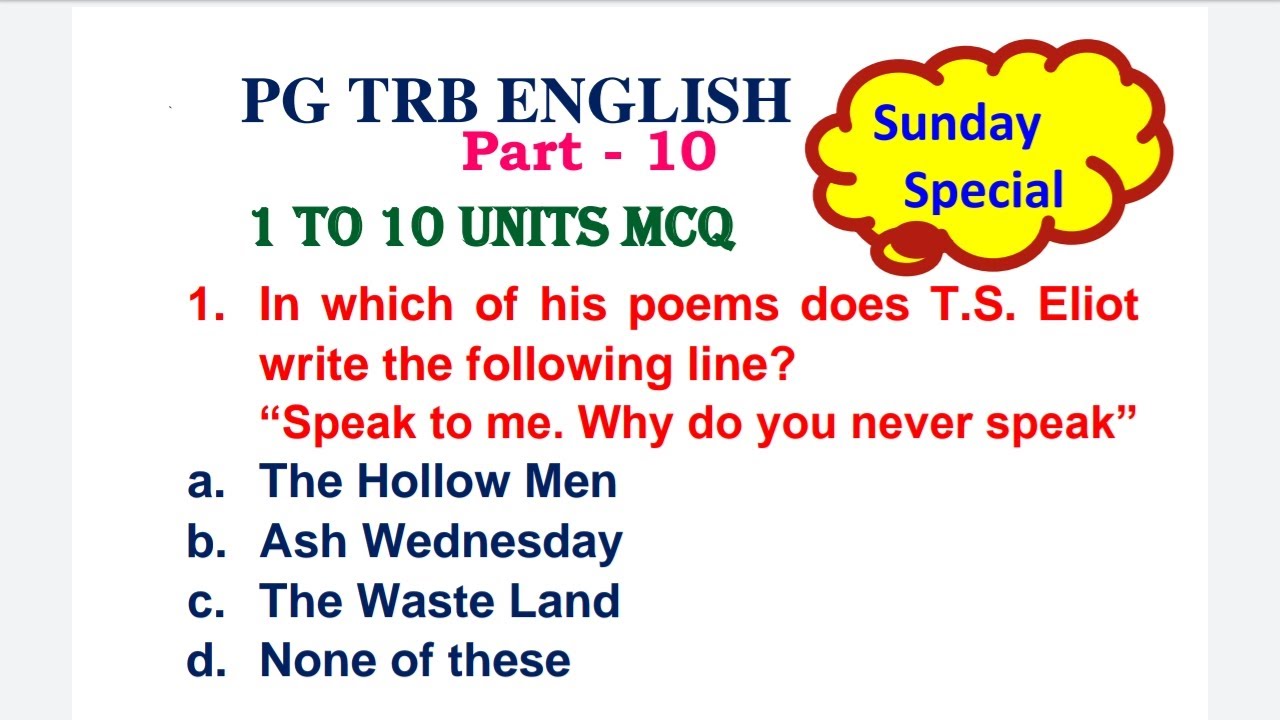 PG TRB ENGLISH 1 to 10 Units Important MCQ Part 10 Sunday Special