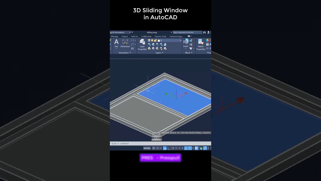3D sliding window in AutoCAD  (Basic) #3d #sliding #windows #autocad #shorts #short #viral #video