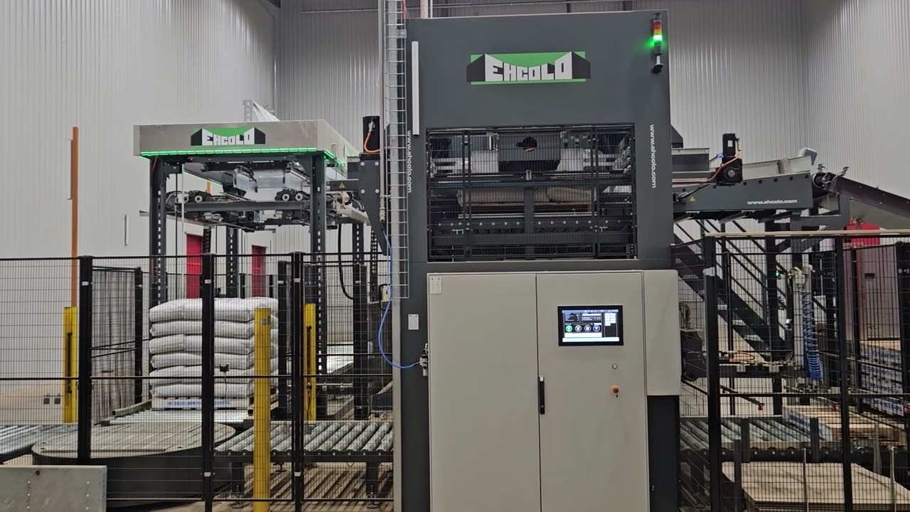 Almond packing line palletiser + stretch hooder commissioning