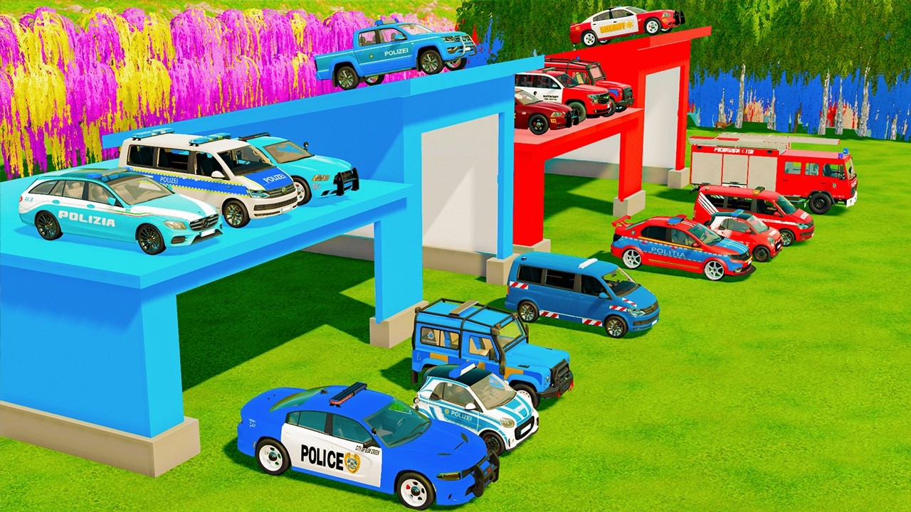 TRANSPORTING CARS, AMBULANCE, POLICE CARS, FIRE TRUCK OF COLORS! WITH TRUCKS! | FS22