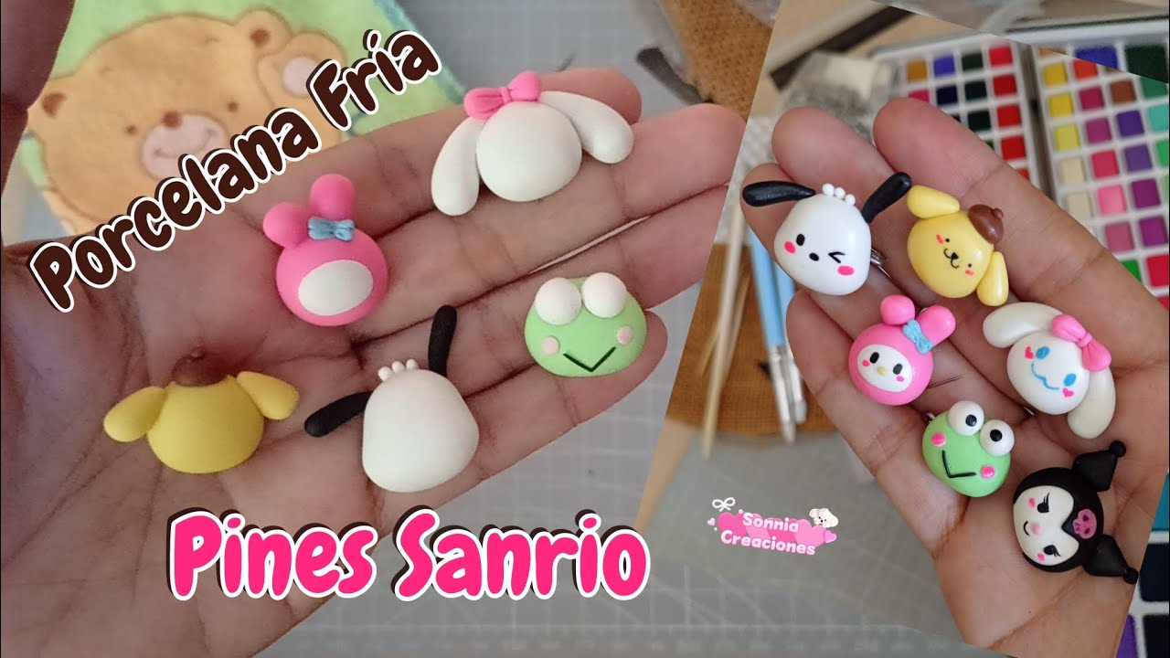 Como hacer pines (Sanrio) o unos lindos aretes en porcelana fría🖤💚// clay pins//#kawaii ✨ #coquette