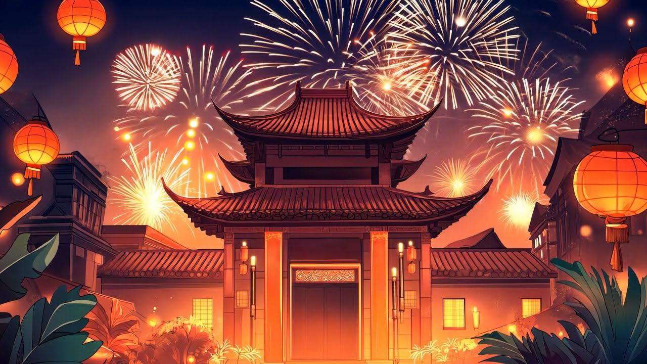 可商用视频素材｜马年春节元宵喜庆卡通国潮古建筑背景动画