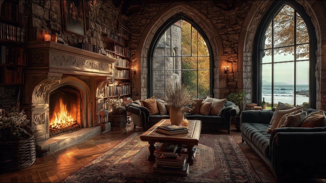 🌊🔥 Fireside by the Sea at Stone Manor | Cozy Ocean View Fireplace Ambience 🏰✨