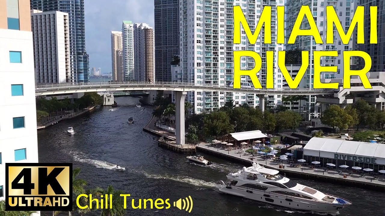 Miami River, FL • 4K UHD 60fps • 1 Hour Boat Parade Cityscape View • Chill Tunes Audio