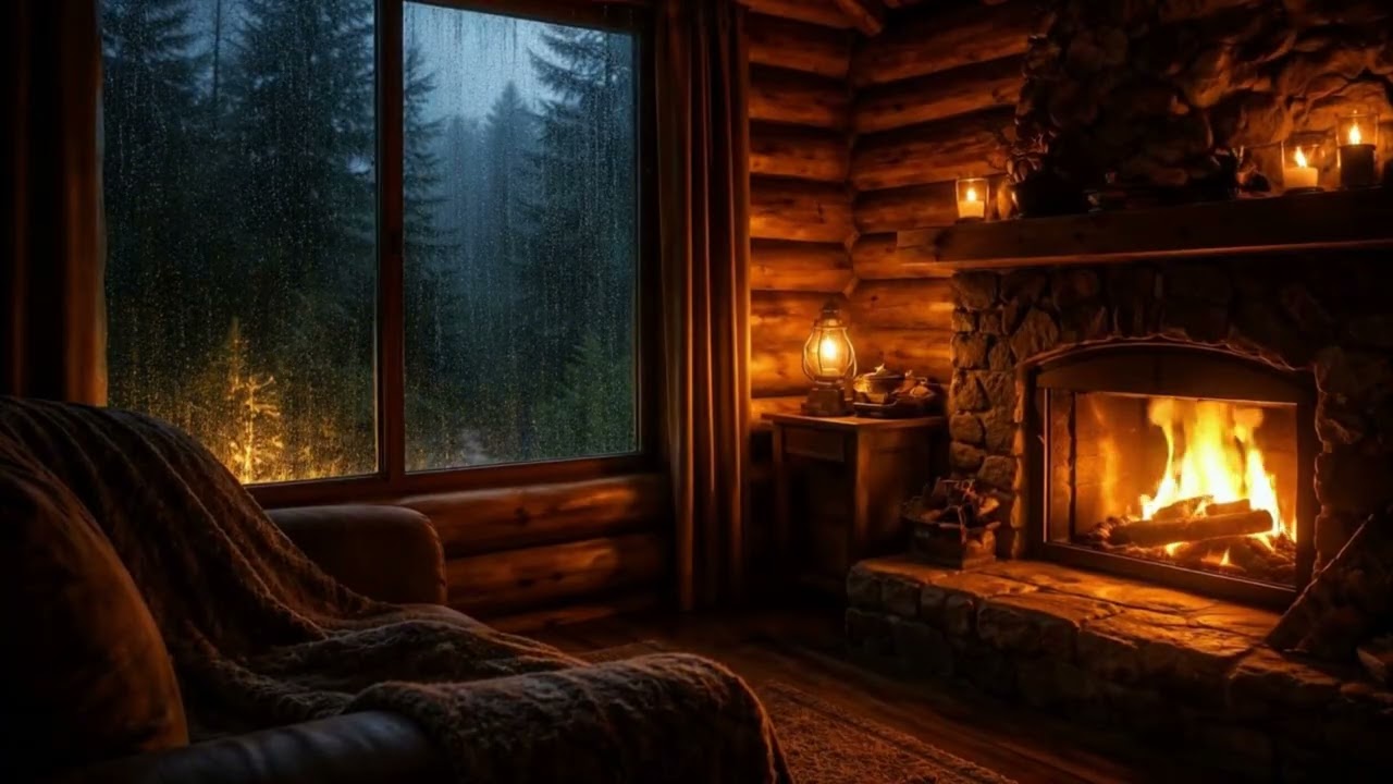 Rainy Night by the Fireplace 🌧️🔥 Cozy Cabin Rain Sounds for Deep Sleep & Relaxation No Music