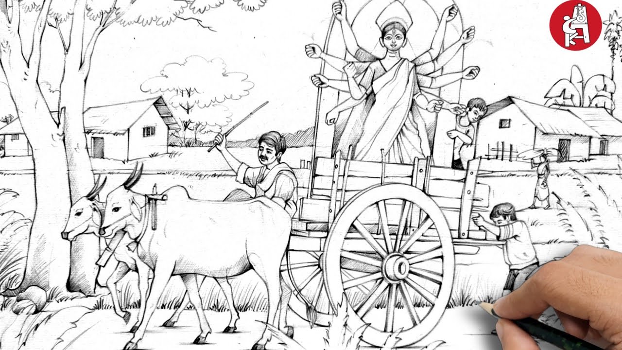 HOW TO DRAW DURGA PUJA  DRAWING (FULL TUTORIAL)  AUTUMN SEASON SCENERY / NAVRATRI DRAWING/ শরৎকাল
