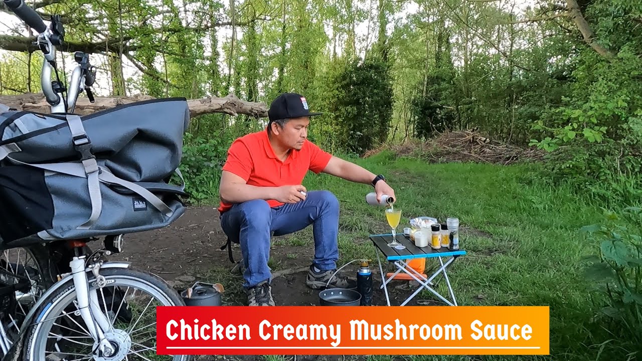 Brompton bike ride & Cooking outdoors, Chicken in Creamy Mushroom sauce