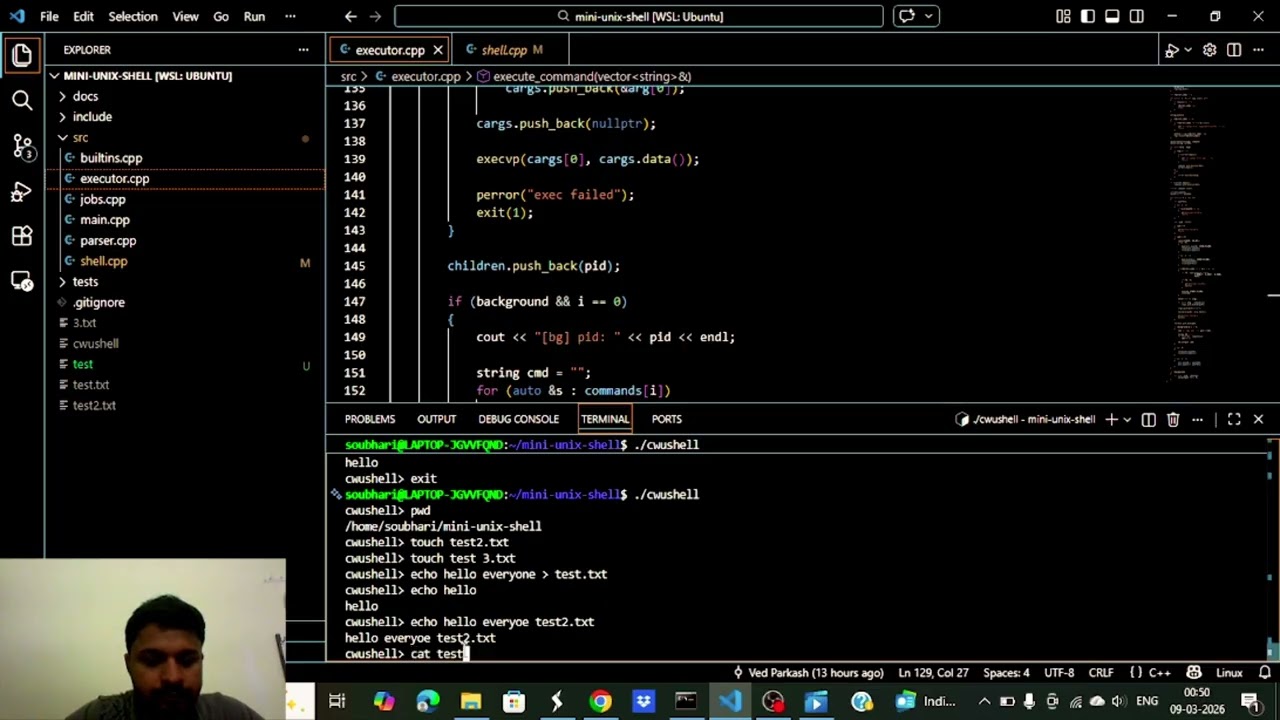 Mini Unix shell | C++ | pipes | output redirection | Background process | system calls 