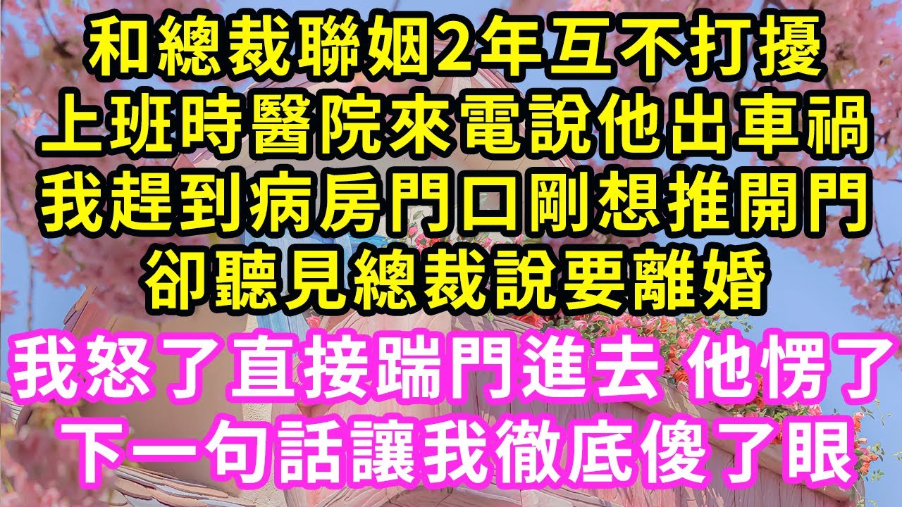 和總裁聯姻2年互不打擾，上班時醫院來電說他出車禍，我趕到病房門口剛想推開門，卻聽見總裁說要離婚！我怒了直接踹門進去 他愣了，下一句話讓我徹底傻眼#甜寵#灰姑娘#霸道總裁#愛情#婚姻