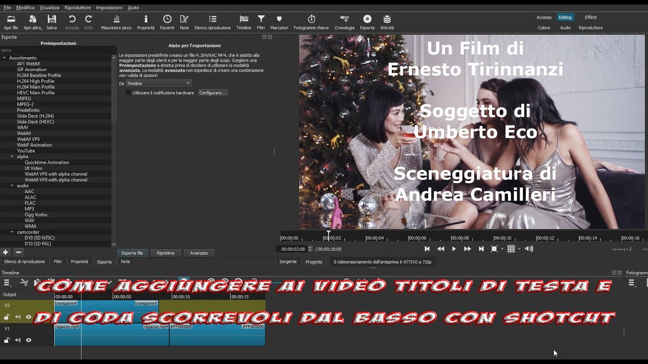 Come aggiungere ai video titoli di testa e di coda scorrevoli dal basso sovrimpressi o su sfondo
