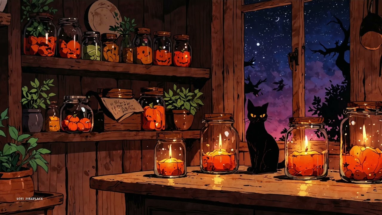 Autumn Night with a Black Cat 🎃 | Cozy Halloween LoFi & Candlelight Ambience