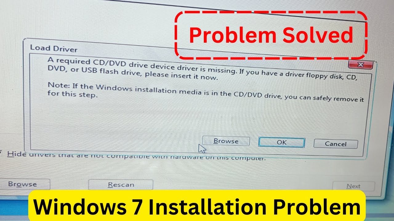 A required CD/DVD driver device driver is missing. If you have a driver floppy disk, CD, DVD, or USB