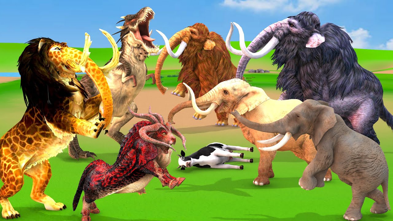 Mammoth Dinosaur VS Woolly Mammoth Elephant VS Monster Lion Attacks Cow Buffalo Saved By Elephant