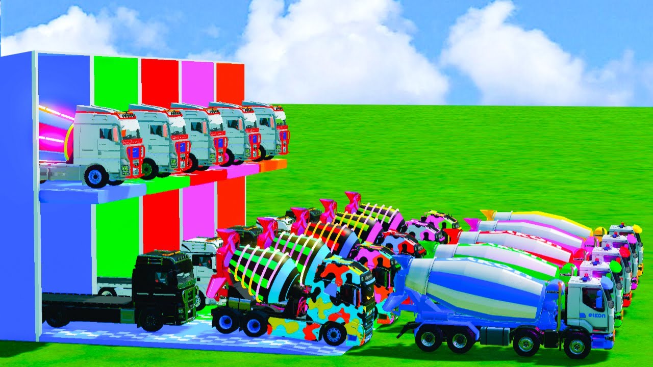 Garage with Colors - ALL MIXER TRUCK WITH DOUBLE FLATBED TRAILER TRUCK, MAN, VOLVO, CAT - FS22