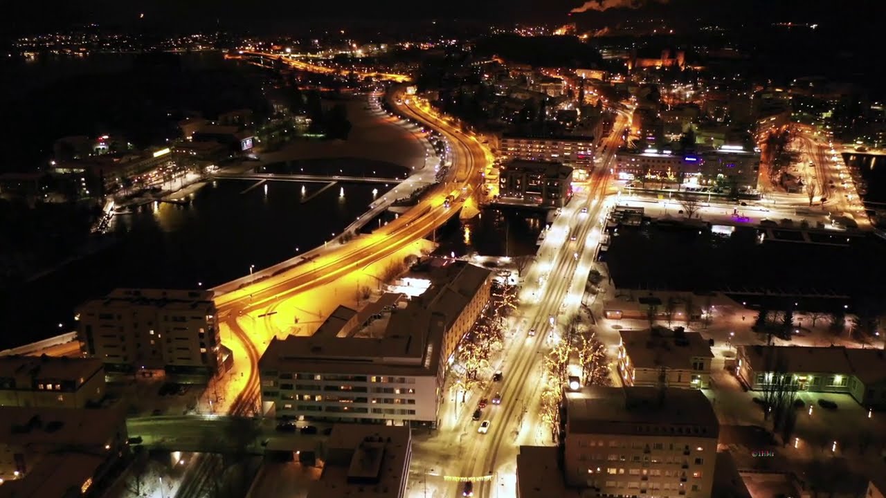 Savonlinna winter night scenery  4K Finland from air