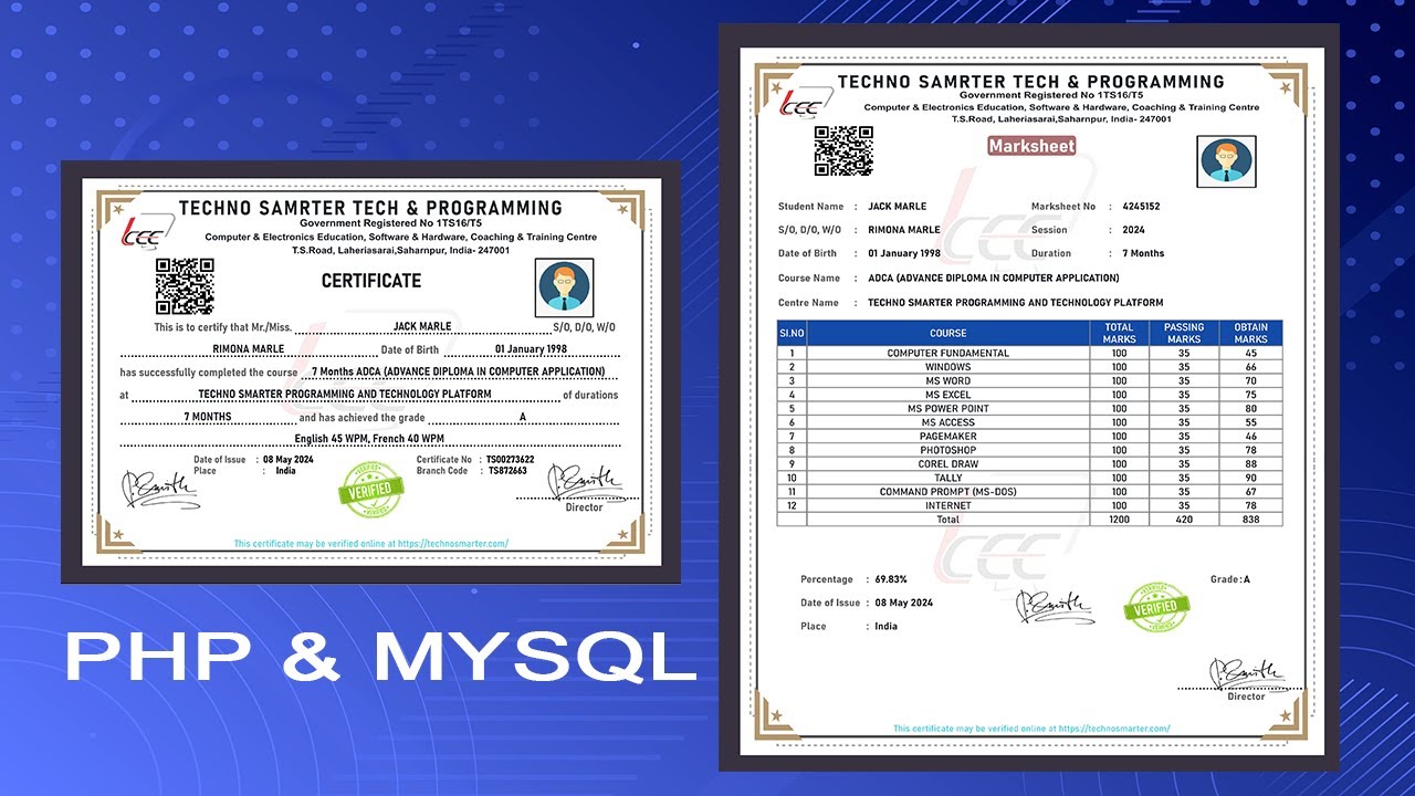 Marksheet and Certificate system in PHP | Canvas HD certificate & Marksheet generator | Source code