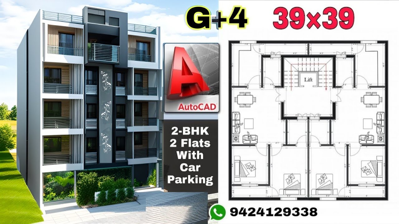 G+4 House Plan || 2-BHK Two Flats || 39&times;39 House Plan || 40&times;40 House Plan || 39&times;39 House Design ||