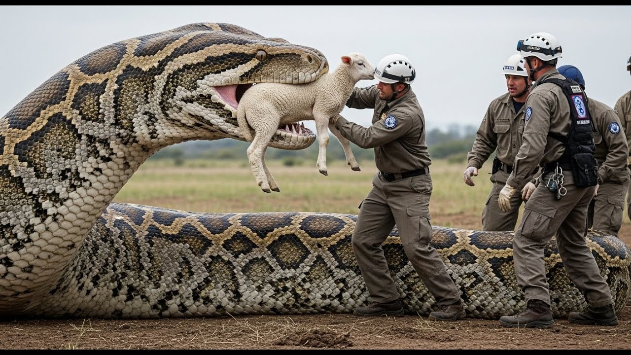 Heroic Rescue Team Rescues a Helpless Baby Lamb from Giant Python