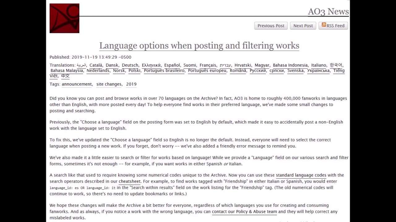 AO3: Language options when posting and filtering works
