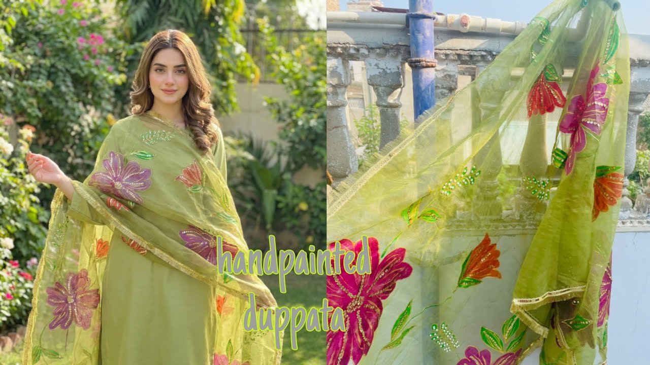 Beautiful Handpainted Green Dupatta | Floral Design | Handmade Art by Anizabilal’s Art 🌿