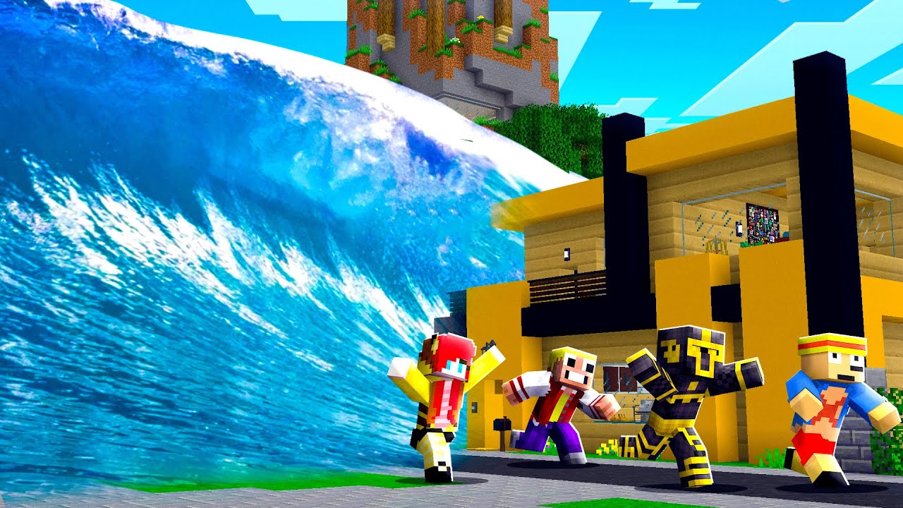 RETO DE LA BASE VS TSUNAMI EN PLATANOVILLA EN MINECRAFT 😱