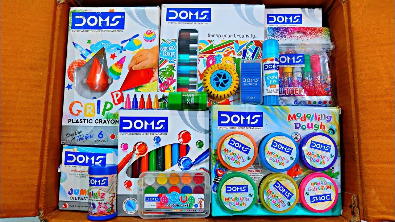 Unboxing Biggest Doms Stationery 📚, Oil Pastel, Clay, Plastic Crayons, Glitter, Glue, Magic Pen, Kit