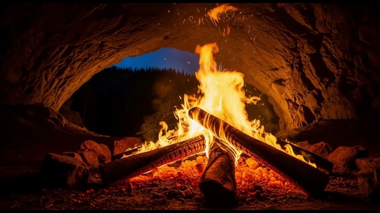 Cave Fireplace 4K 🔥 1 Hour Crackling Fire Sounds in Stone Shelter (No Music)