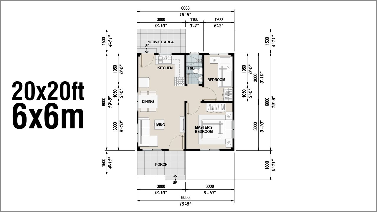 Small House 2 Bedroom Floor Plan (6x6m/20x20ft, 36 Sqm) Floor Plan No.04