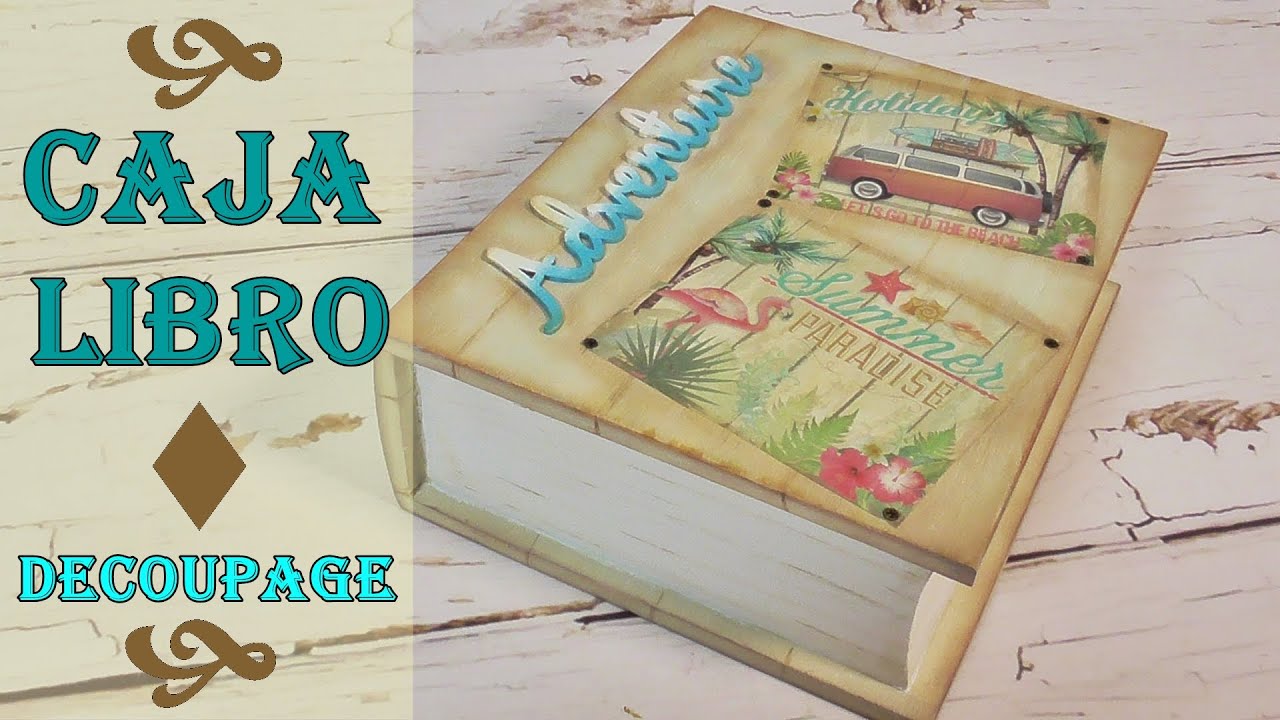 Caja libro de madera decorada con decoupage