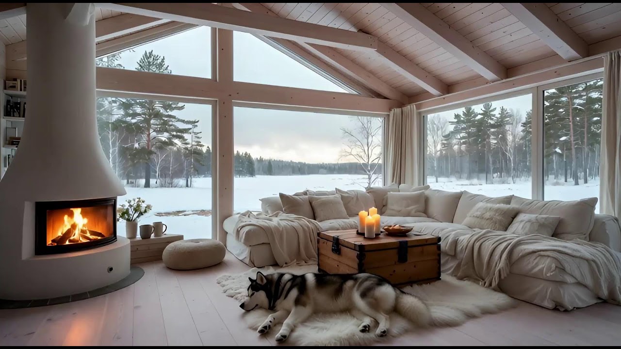 Scandinavian Cabin 🔥 Calming Piano Music & Warm Fireplace | Snowy Forest Ambience for Focus & Sleep