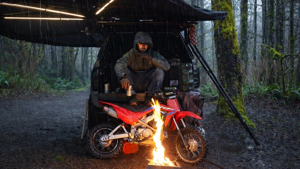 Solo Camping in a Heavy Rainstorm (Pit Bike, Campfire & Beers)