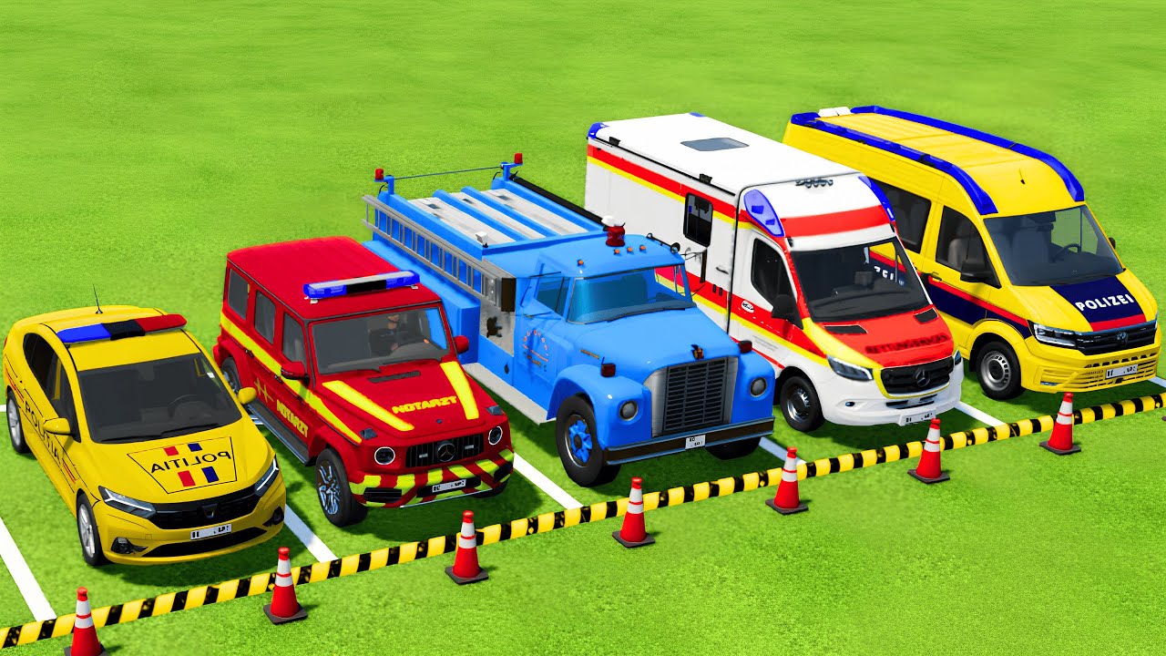 POLICE CARS, FIRE DEPARTMENT, AMBULANCE VEHICLES TRANSPORTING WITH MAN TRUCKS ! Farming Simulator 25