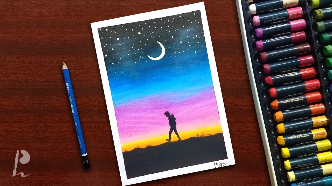 Lonely Boy Walking in Moonlight Scenery Drawing with Oil Pastels | PrabuDbz Art
