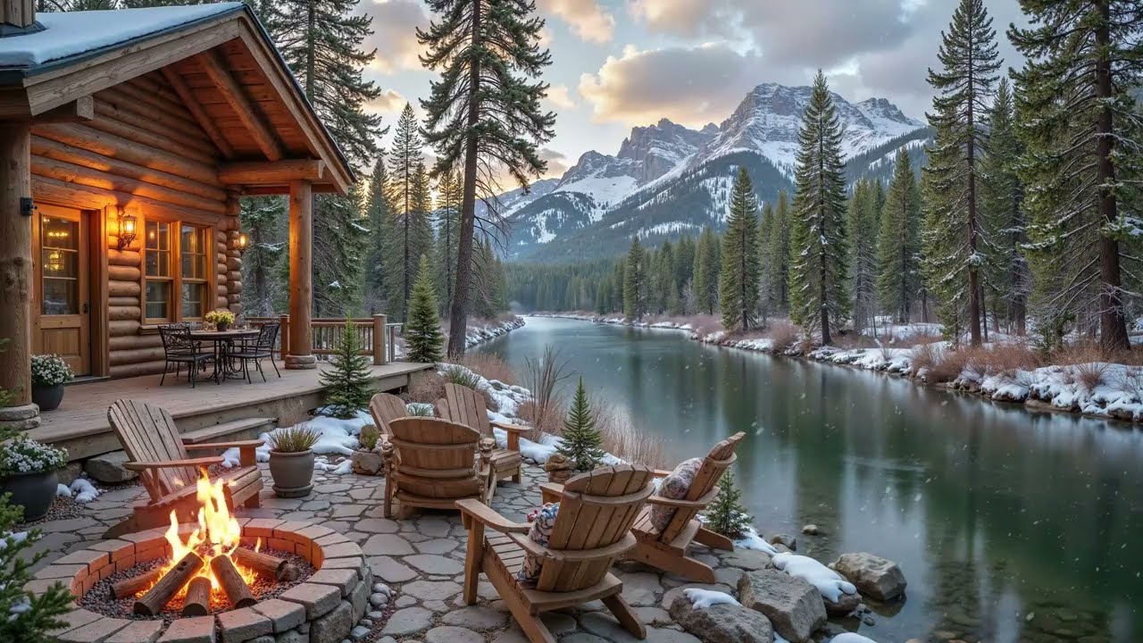 Relaxing Winter Morning Riverside Cabin Porch Firepit & Gentle Piano | Stress Relief, Deep Sleep