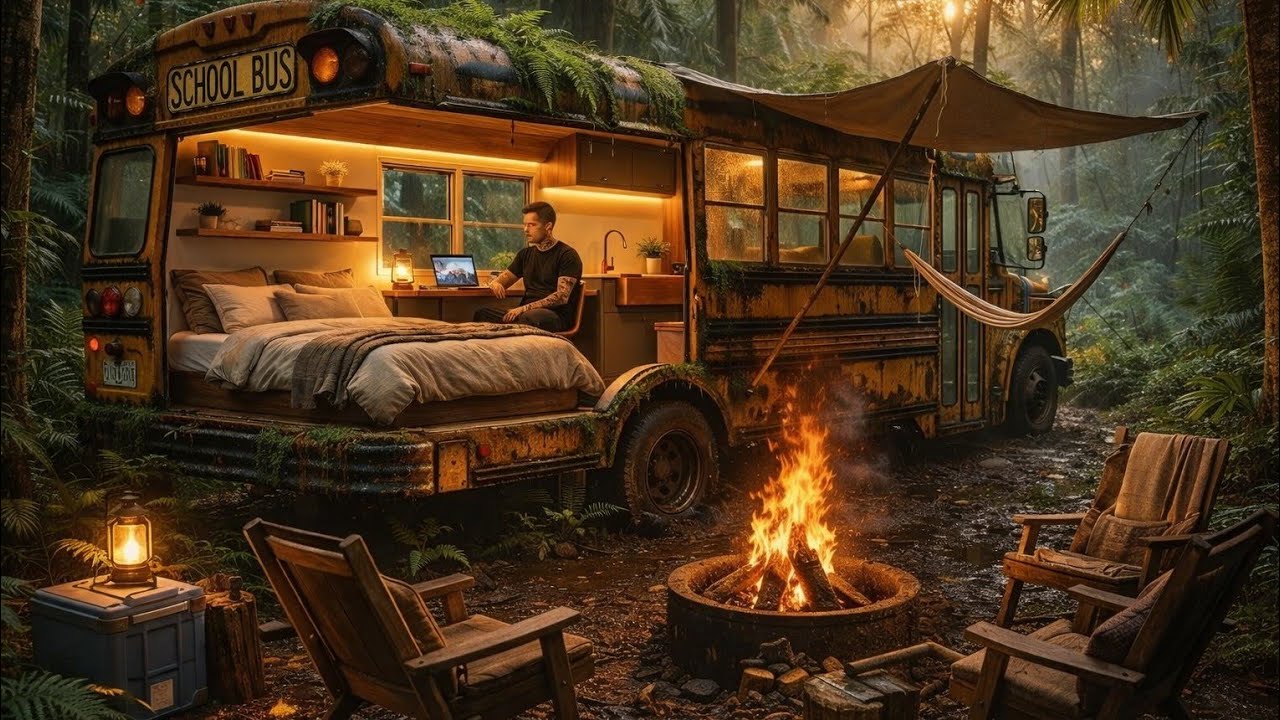 Surviving Heavy Rain Inside a Secret Jungle Bus Home