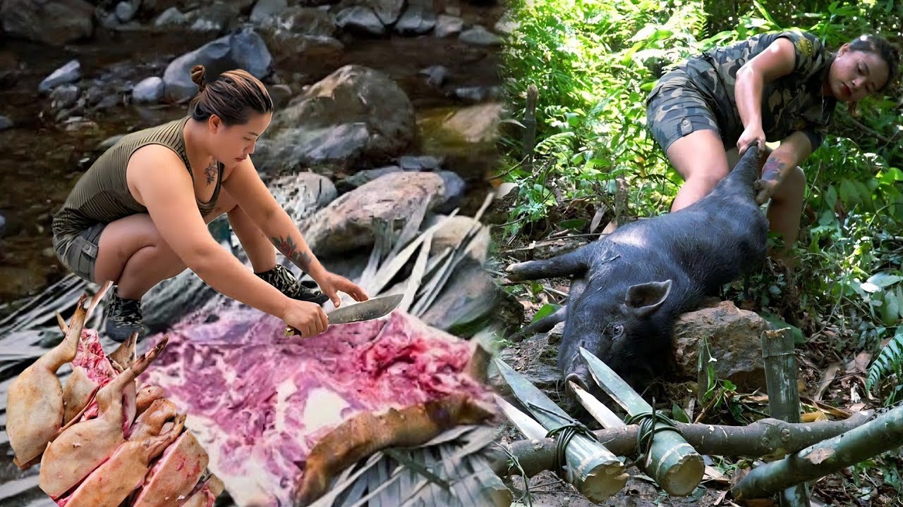 30 Days Alone in the Jungle – Wild Animal Attacks, Primitive Crossbow Traps & Preserving Smoked Meat
