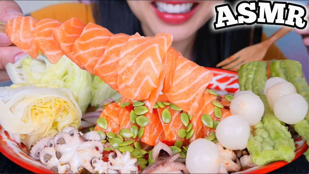 ASMR SPICY SALMON OCTOPUS THAI SALAD + FRESH VEGGIES (EATING SOUNDS) NO TALKING | SAS-ASMR