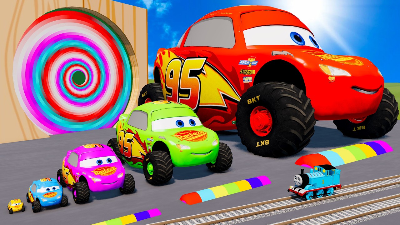 Funny Cars vs Fat Cars | Big & Small Colors McQueen VS Monster Truck Wheels - BeamNG.drive