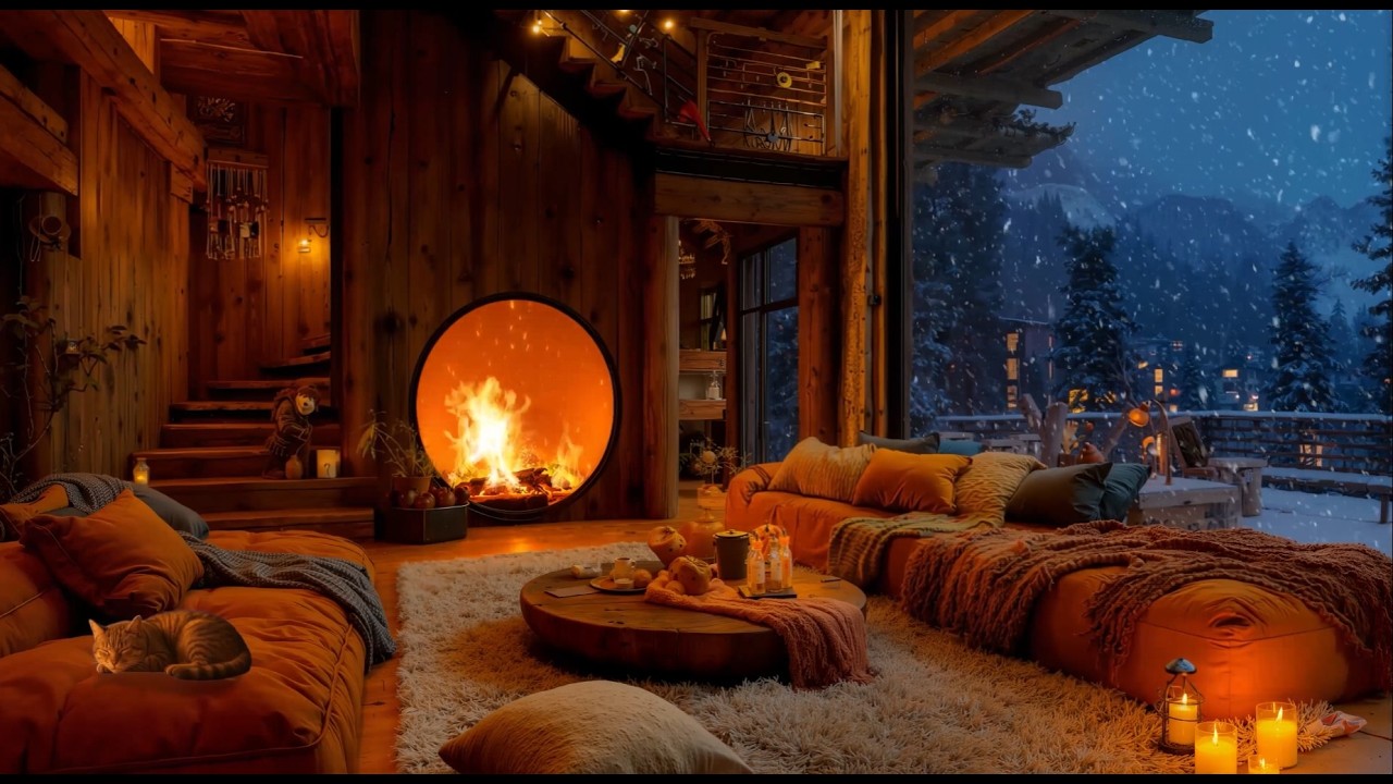 Relaxing Winter Snowfall (NO MUSIC) ❄️ Fireplace Nights at a Snowy Mountain for Fall Asleep Quickly